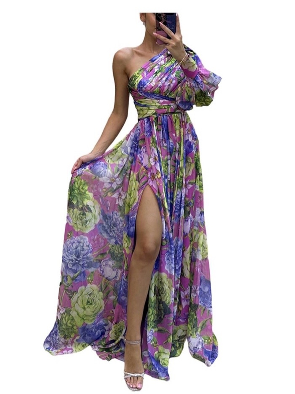 One-Shoulder Floral Maxi Dress- ChicMe
